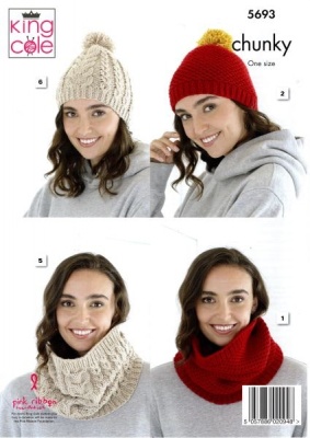 Knitting Pattern - King Cole 5693 - Ultra Soft Chunky - Ladies Hats, Scarf & Snood